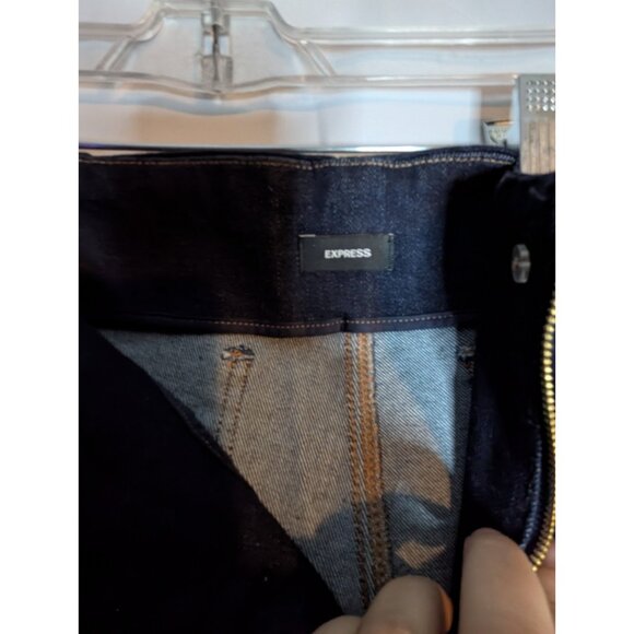 Express 70s Big Flare Mid Rise Dark Wash Jeans Sz 16S Retro Gold Zipper Bell - Picture 9 of 14